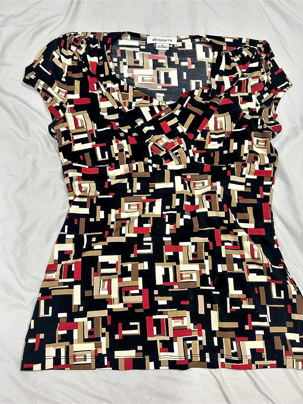 Liz Claiborne Geometric Short Sleeve Blouse Black & Red